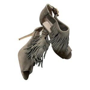 New Look Taupe Grey Faux Suede Fringe Peep Toe Stiletto Heels Ankle Strap Size 9